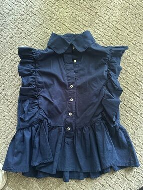 Navy Ruffle Button-Front sleeveless top